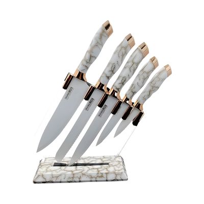 Conjunto 5 Facas Estilo Mármore Suporte Cozinha Utensílios legância e Precisão - Cor:Branco