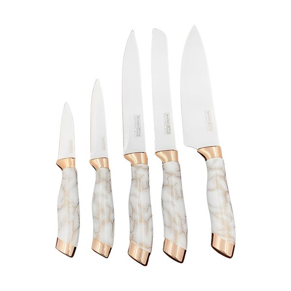Conjunto 5 Facas Estilo Mármore Suporte Cozinha Utensílios legância e Precisão - Cor:Branco