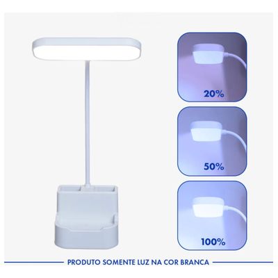 Luminária de Mesa LED Recarregável com Suporte para Celular - 3 Níveis de Luz, Porta Canetas
