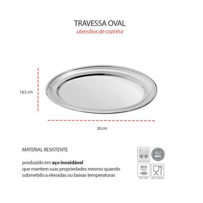 Travessa Bandeja Oval Rasa Aço Inox Buffet Restaurante 30cm