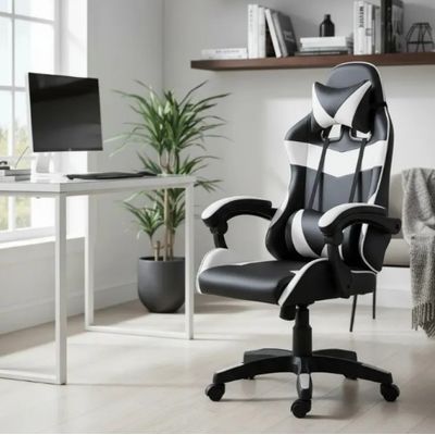 Cadeira Gamer, Design Esportivo, Reclinável, Preta e Branca