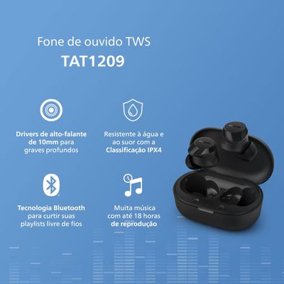 Fone de Ouvido Bluetooth Philips TAT1209BK/00 com Microfone - Preto
