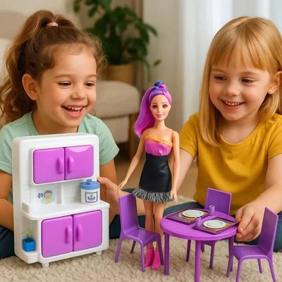 Kit Cozinha Infantil Rosa com Boneca Cadeira Mesa Armário