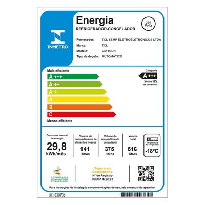 Geladeira TCL Multidoor C516CDN Inverter Frost Free Twin Eco Espaço Flex Metal Cooling Painel Digital com 4 Portas Inox - 516L Inox / 220