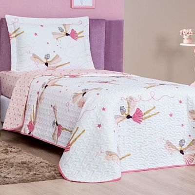 Kit Colcha + Jogo De Cama Bouti Kids Solteiro Infantil 5 Peças 100% Poliéster - Bailarina