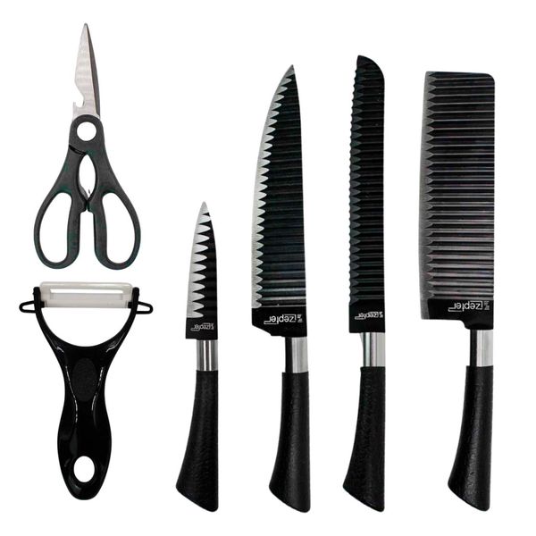 Jogo de Facas 6 Peças Com Tesoura Aço Inox Preto - Precisão e Durabilidade para Sua Cozinha