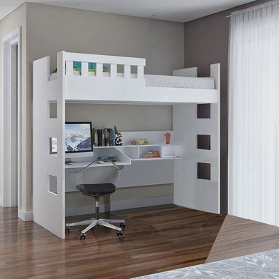 Cama Alta Com Escrivaninha Escada Bilateral Faces F04 Branco