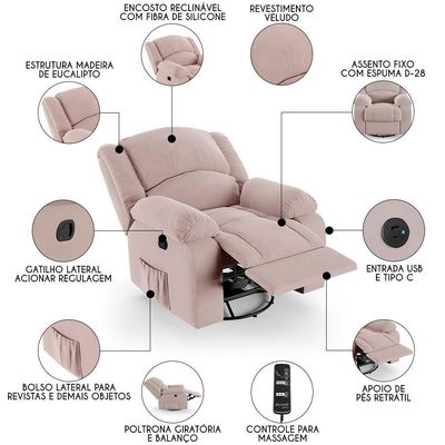 17458475515361 Poltrona Do Papai Reclinável Pietra Glider Giratória Massagem Fh9 Veludo Rosê - Mpozenato
