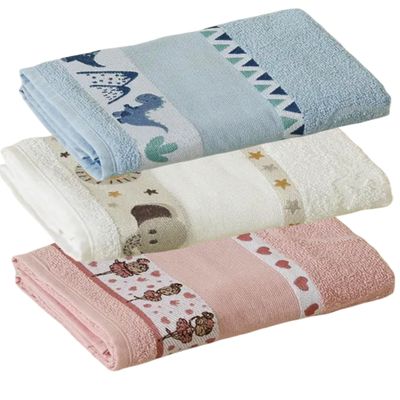 Kit ( 3 ) Toalha de Banho KazzaVip Infantil 100% Algodão Jacquard Barra para Bordar Funny Branco e Azul e Rosa