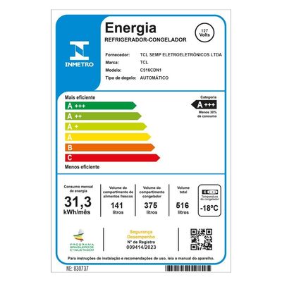 Geladeira TCL Multidoor C516CDN Inverter Frost Free Twin Eco Espaço Flex Metal Cooling Painel Digital com 4 Portas Inox - 516L Inox / 110