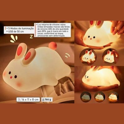 Abajur, Luminária Coelhinho Silicone 3 Níveis Brilho USB Toque