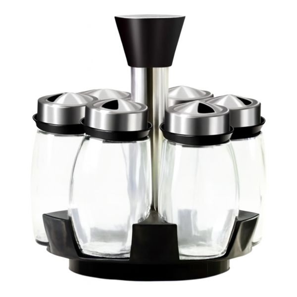 Porta Tempero Giratório Inox 6 Potes de Vidro 120ml Premium