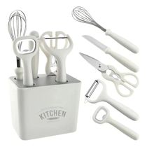 Kit Utensílios Cozinha Conjunto 6 Peças com Suporte Organizador Branco