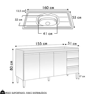 Balcão De Cozinha Com Pia Inox 160cm 3 Gavetas Andréia Preto - Ajl Móveis
