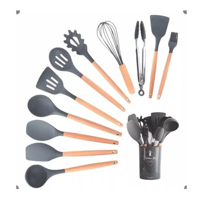 Conjunto De Cozinha De Silicone Concha Pegador Espatula Preto e Cinza Cinza