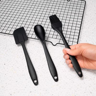 Colher Espatula e Pincel Silicone Preto Confeitaria 3un