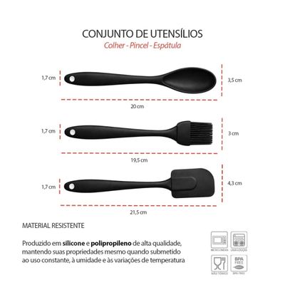 Colher Espatula e Pincel Silicone Preto Confeitaria 3un