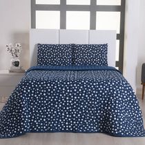 Kit Cobre Leito Colcha Polly Casal 3 Peças Malha 100% Algodão Estampa Bolinhas - Azul Marinho