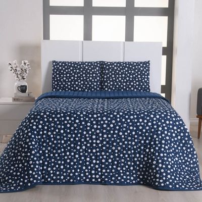 Kit Cobre Leito Colcha Polly Casal 3 Peças Malha 100% Algodão Estampa Bolinhas - Azul Marinho
