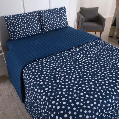 Kit Cobre Leito Colcha Polly Casal 3 Peças Malha 100% Algodão Estampa Bolinhas - Azul Marinho