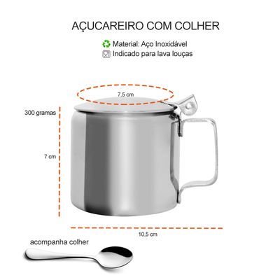 Açucareiro de Inox Colher Porta Açucar 300gr Cafeteria Bar 4un