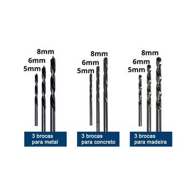 Jogo Broca Para Madeira / Concreto / Metal 9 Pecas 5/6/8mm