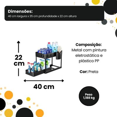Organizador Multiuso com Bandeja Corrediça - Estrutura em Metal Preto, 40x35x22 cm