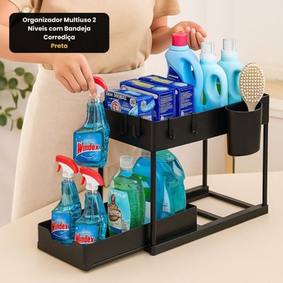 Organizador Multiuso com Bandeja Corrediça - Estrutura em Metal Preto, 40x35x22 cm