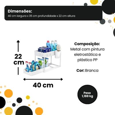 Organizador Multiuso com Bandeja Corrediça - Estrutura em Metal Branco, 40x35x22 cm