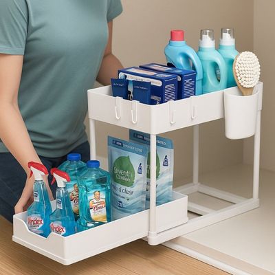 Organizador Multiuso com Bandeja Corrediça - Estrutura em Metal Branco, 40x35x22 cm