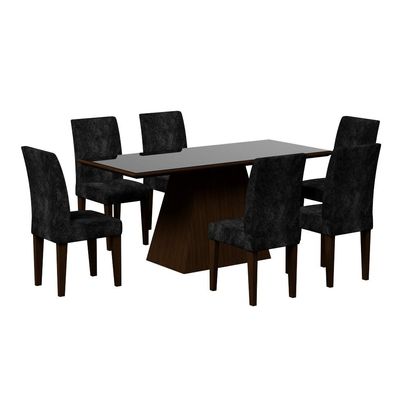 Conjunto de Mesa de Jantar Larissa II com Vidro e 6 Cadeiras Grécia Suede Castor e Preto