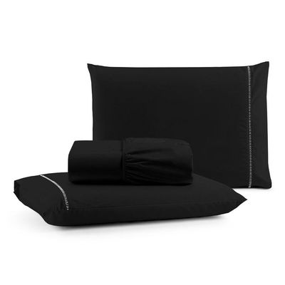 Jogo De Lençol Queen Premium Soft 600 Fios Micropercal Preto Ponto Palito Toque Macio 3 Peças