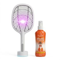 Raquete Elétrica Recarregável com Base + Spray Repelente 200ml – Proteção Total Contra Insetos