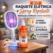 Raquete Elétrica Recarregável com Base + Spray Repelente 200ml – Proteção Total Contra Insetos