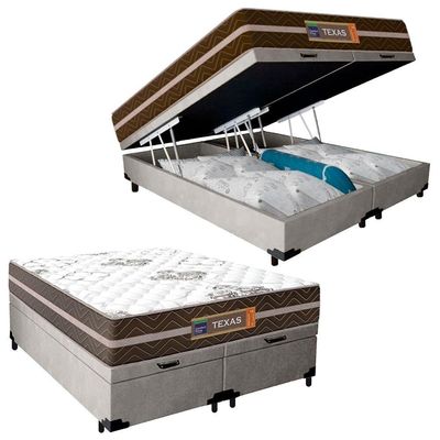 Cama Box Baú Casal Bipartido Suede + Colchão Molas Ensacadas Texas Prime Colchões 138cm