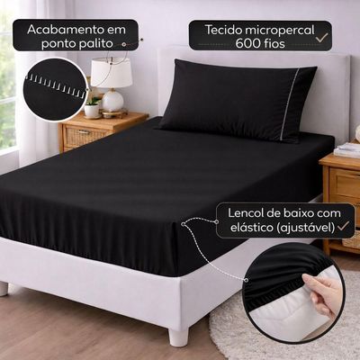 Jogo De Lençol Solteiro Premium Soft 600 Fios Micropercal Preto Ponto Palito Toque Macio 2 Peças