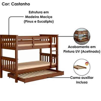 Beliche Madeira Maciça Com Cama Auxiliar 730x715ea Castanho Acetinado Marjori