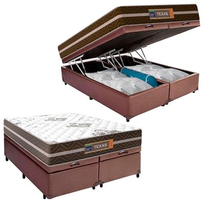 Cama Box Baú Casal Bipartido Sintético + Colchão Molas Ensacadas Texas Colchões 138x188x67cm Marrom