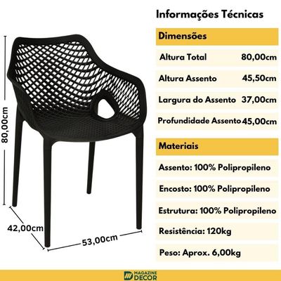 Kit 8 Cadeiras De Jantar Design Suits Com Braços Empilhável Em Polipropileno - Preto