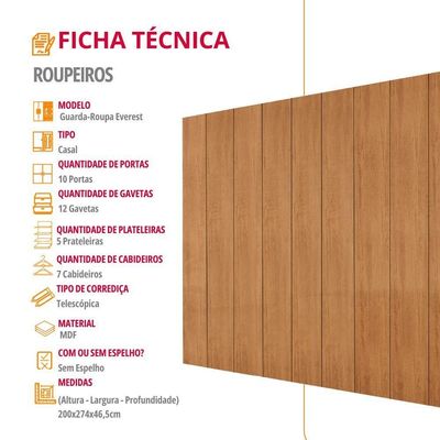 Guarda Roupa Casal Everest Mdf 10 Pts 12 Gav 5 Prateleiras Naturalle