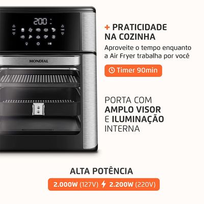 Fritadeira Air Fryer Forno Oven 12L Mondial Inox Preto 2000W - AFON-12L-BIN 220V