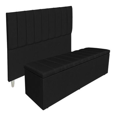 Kit Cabeceira E Calçadeira Recamier Baú Queen 1,60m Holanda Suede Preto - Pallazio