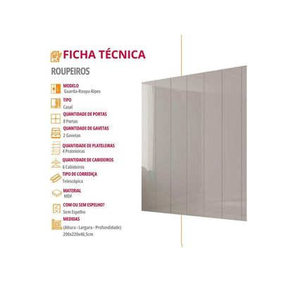 Guarda Roupa Casal Alpes Mdf 8 Portas E 4 Gavetas Moderna Naturalle/off White