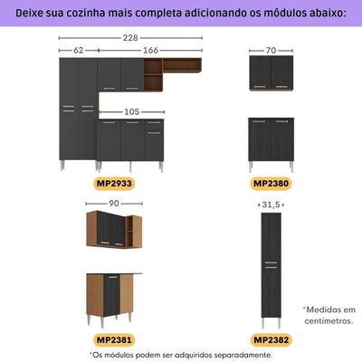 Armário Cozinha Modulada Completa 329,5cm Pequim Top Multimóveis Mp3754 Madeirado-preto