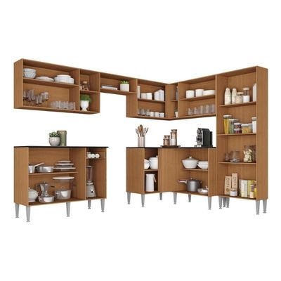 Armário Cozinha Modulada Completa De Canto 432,5cm Pequim Pop Multimóveis Mp3773 Madeirado-preto