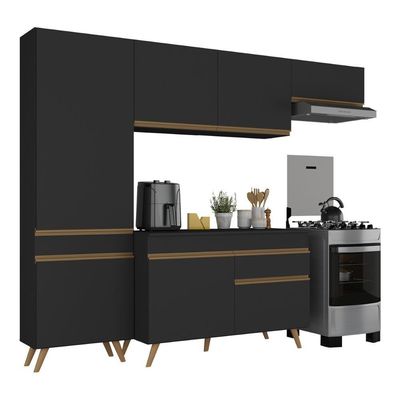 Armário Cozinha Modulada Compacta 252cm Com Balcão Veneza Multimóveis Mp3760 Preto/dourado