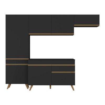 Armário Cozinha Modulada Compacta 252cm Com Balcão Veneza Multimóveis Mp3760 Preto/dourado