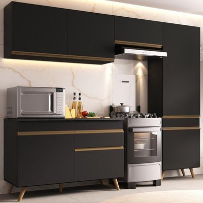 Armário Cozinha Modulada Compacta 252cm Com Balcão Veneza Multimóveis Mp3762 Preto/dourado