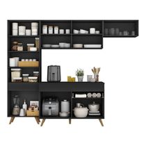 Armário Cozinha Modulada Compacta 252cm Com Balcão Veneza Multimóveis Mp3760 Preto/dourado