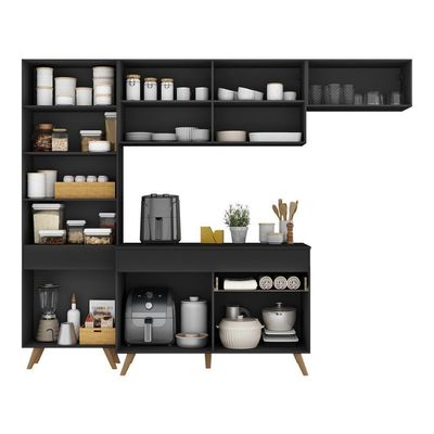 Armário Cozinha Modulada Compacta 252cm Com Balcão Veneza Multimóveis Mp3760 Preto/dourado